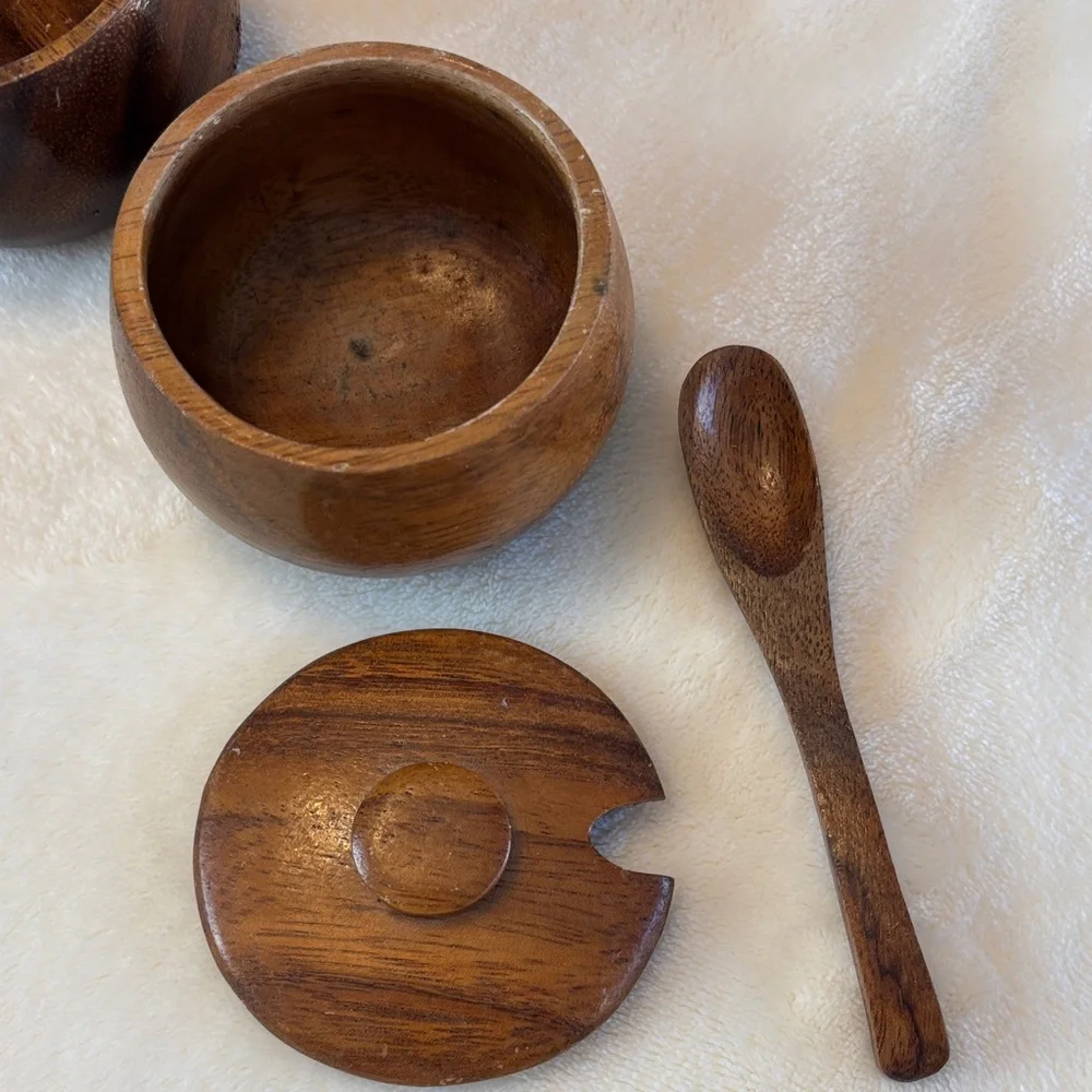 Mid-Century Wooden Dining Set with Carved Handles African Motif Condiment Bowls